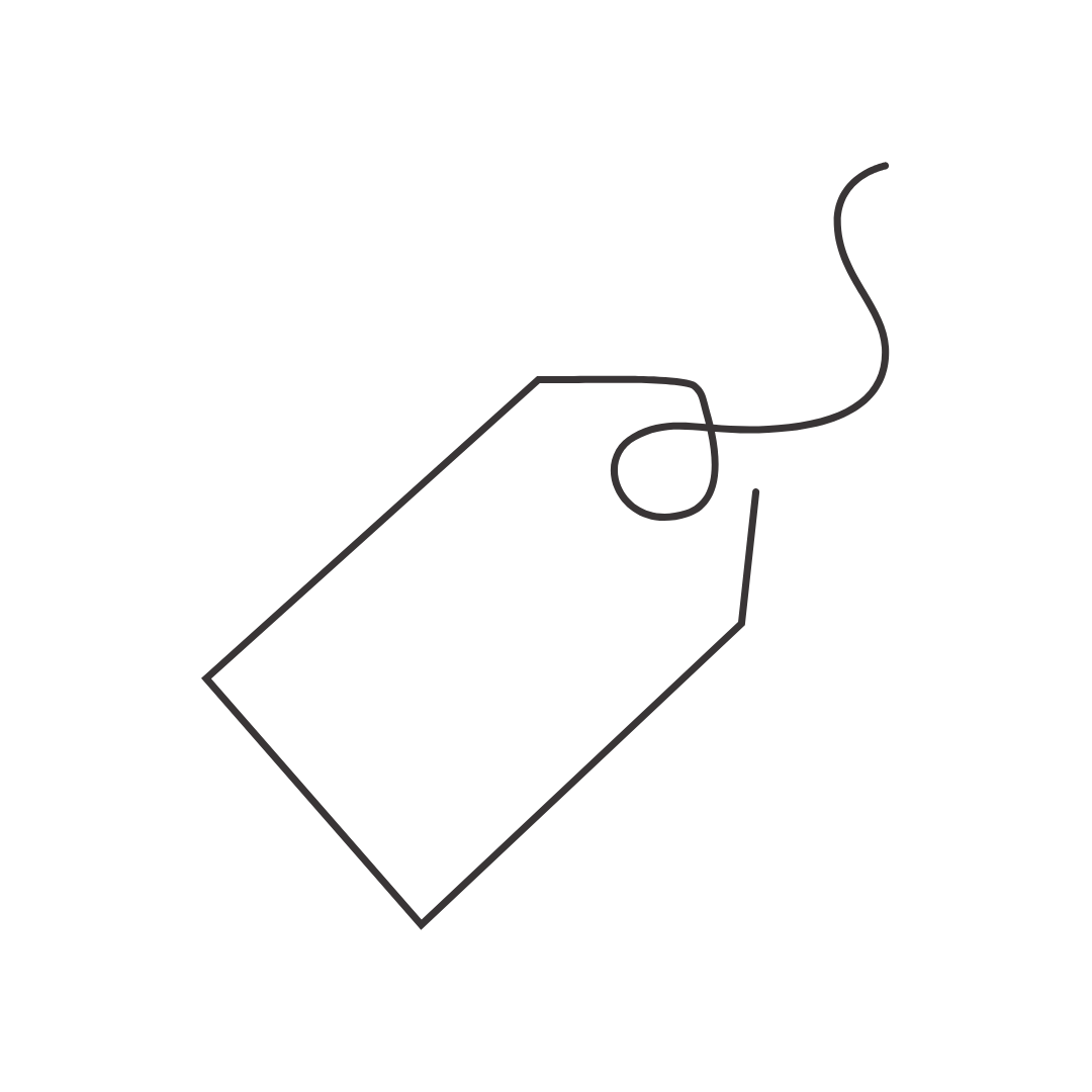 Outline drawing of a rectangular price tag with a circular hole and a string attached.