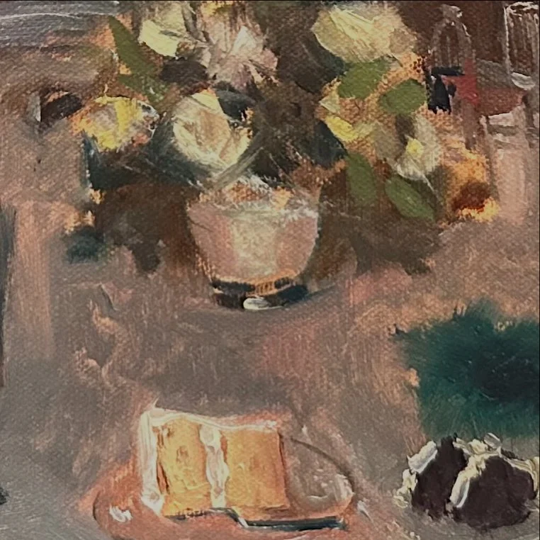Detail of cake in oil painting of reception