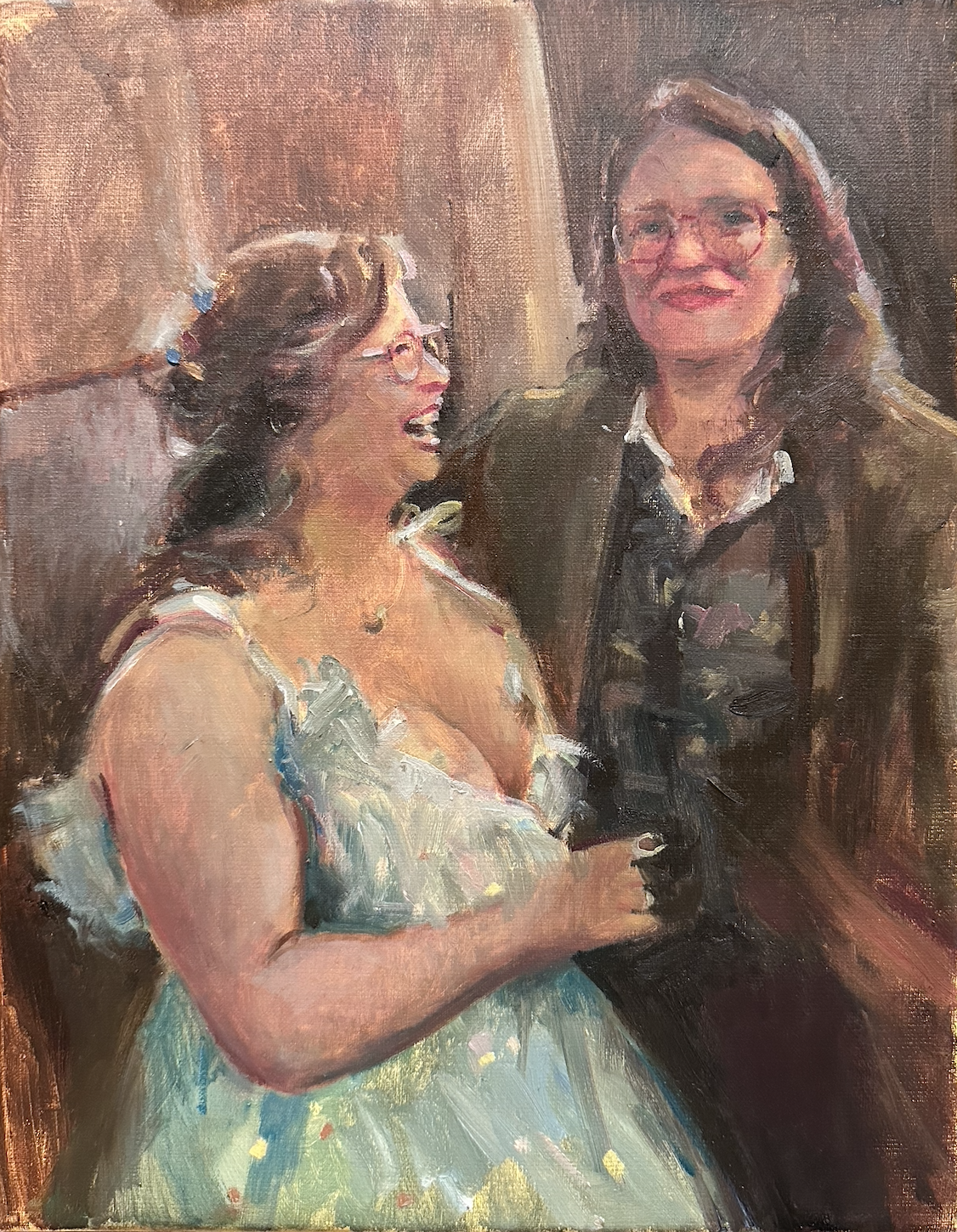 oil portrait of two brides at a courthouse ceremony