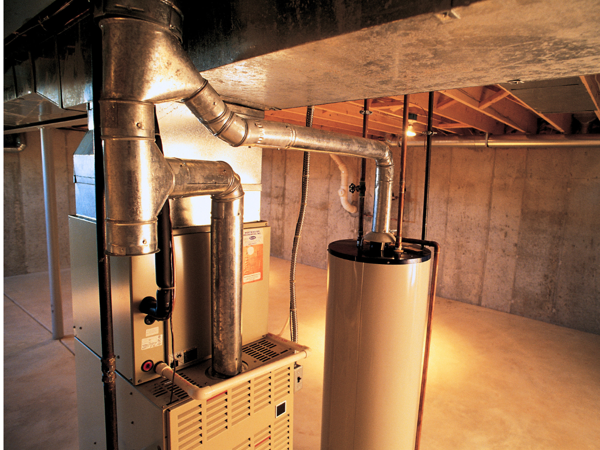 Residential furnace and heating system installed in a utility room