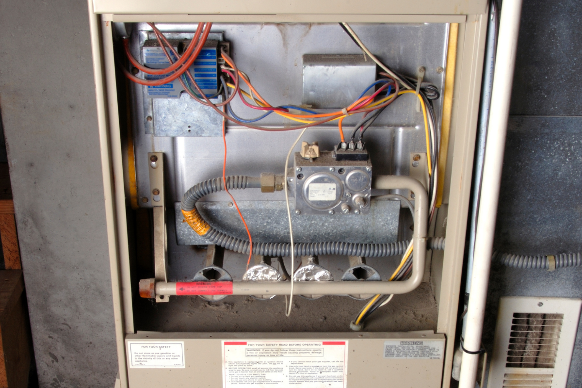Interior view of residential gas furnace components and heating system controls in Carmel Valley California