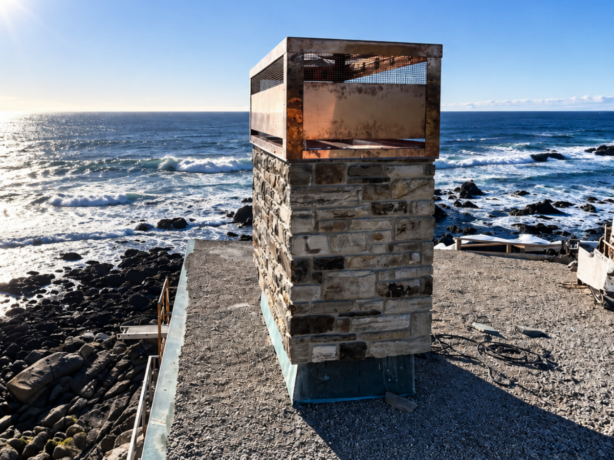 Custom copper chimney cap installed on a stone chimney overlooking the Monterey County coastline