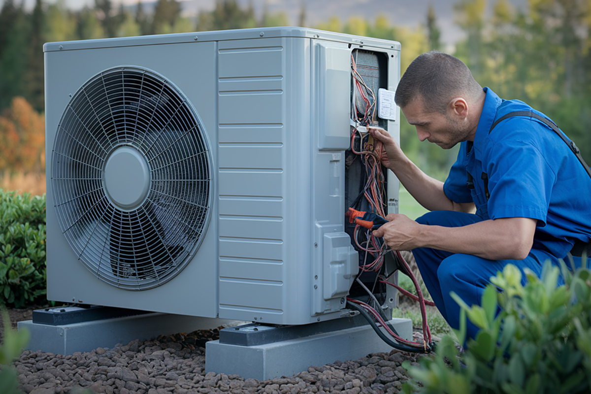 HVAC technician servicing an outdoor system at a California home