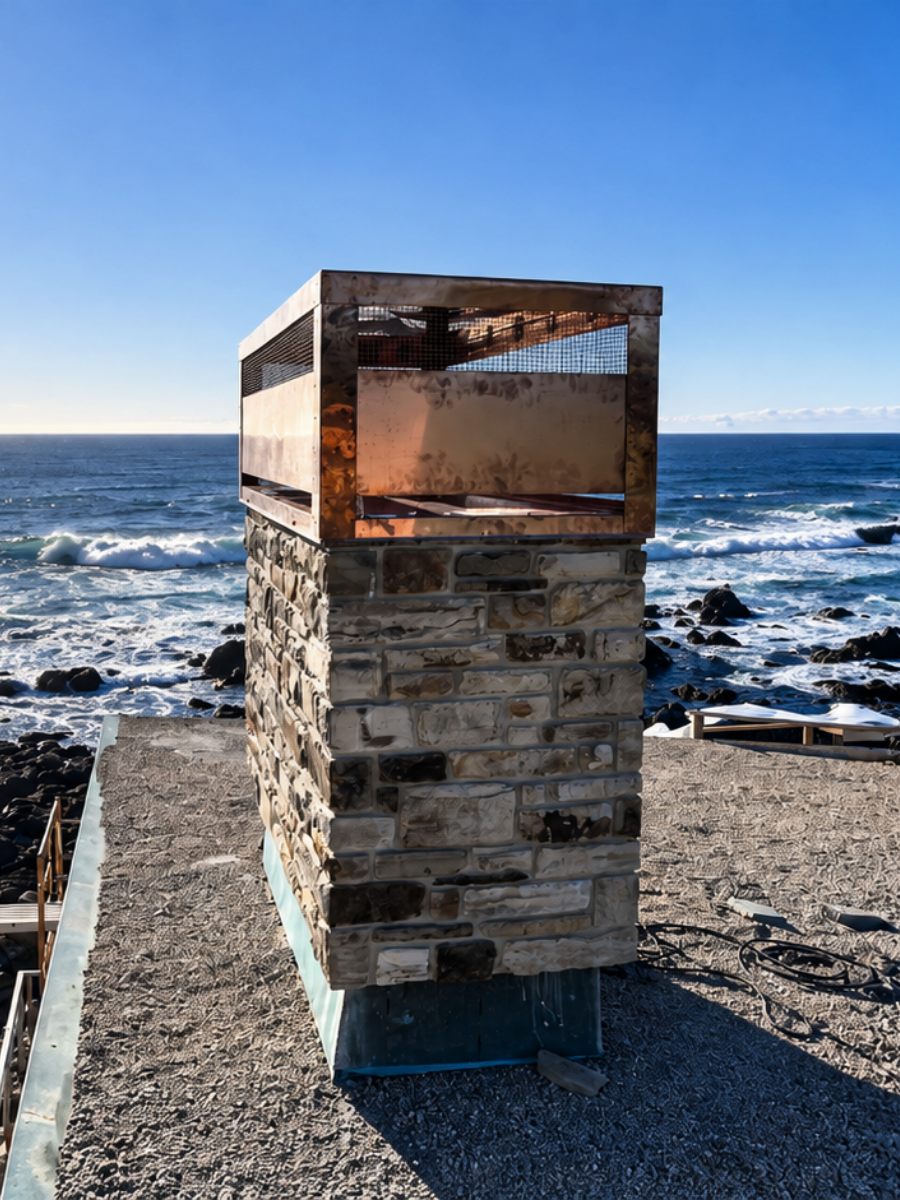 Custom copper chimney cap installed on a stone chimney overlooking the Monterey County coastline