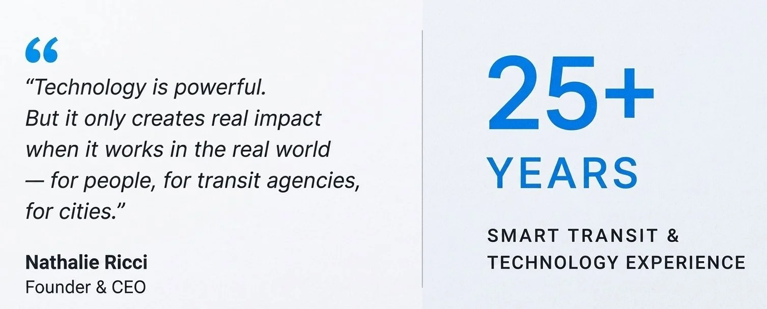 Quote by Nathalie Ricci about the impact of technology, and text indicating over 25 years of smart transit and technology experience.