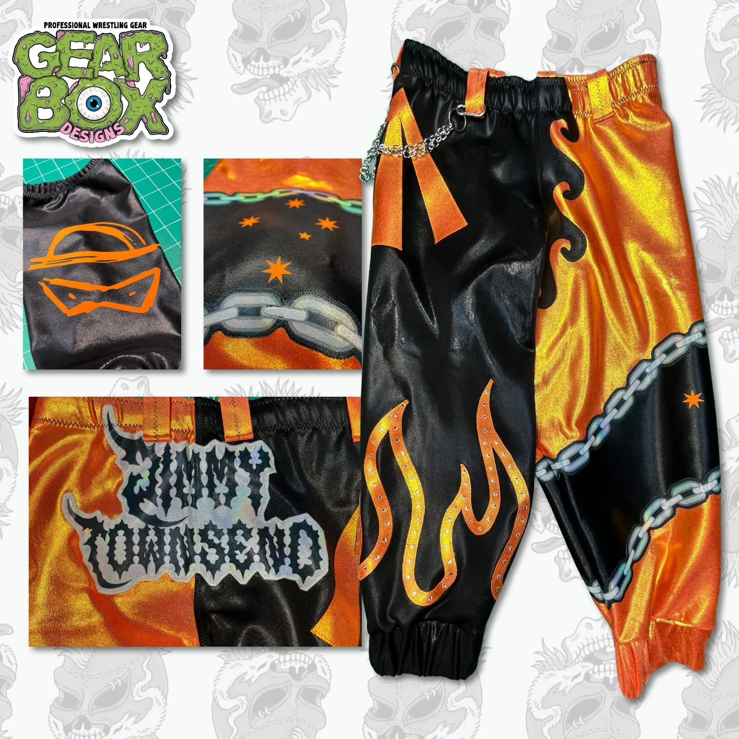 Custom tights for @jimmytownsendpw 

Design by: @kingsley_pw 
📸: @shoop_eat_world 

#gearboxdesigns #aew #wwe #wrestlemania #sewing