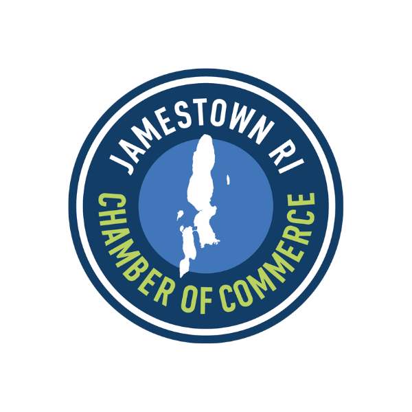 Seal of Jamestown RI Chamber of Commerce featuring a silhouette of the island of Jamestown on a blue and white background.