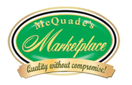 McQuade's Marketplace logo with green and beige colors, featuring the slogan 'Quality without compromise!'