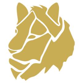 A stylized line drawing of a lion's head in profile, rendered in gold color.