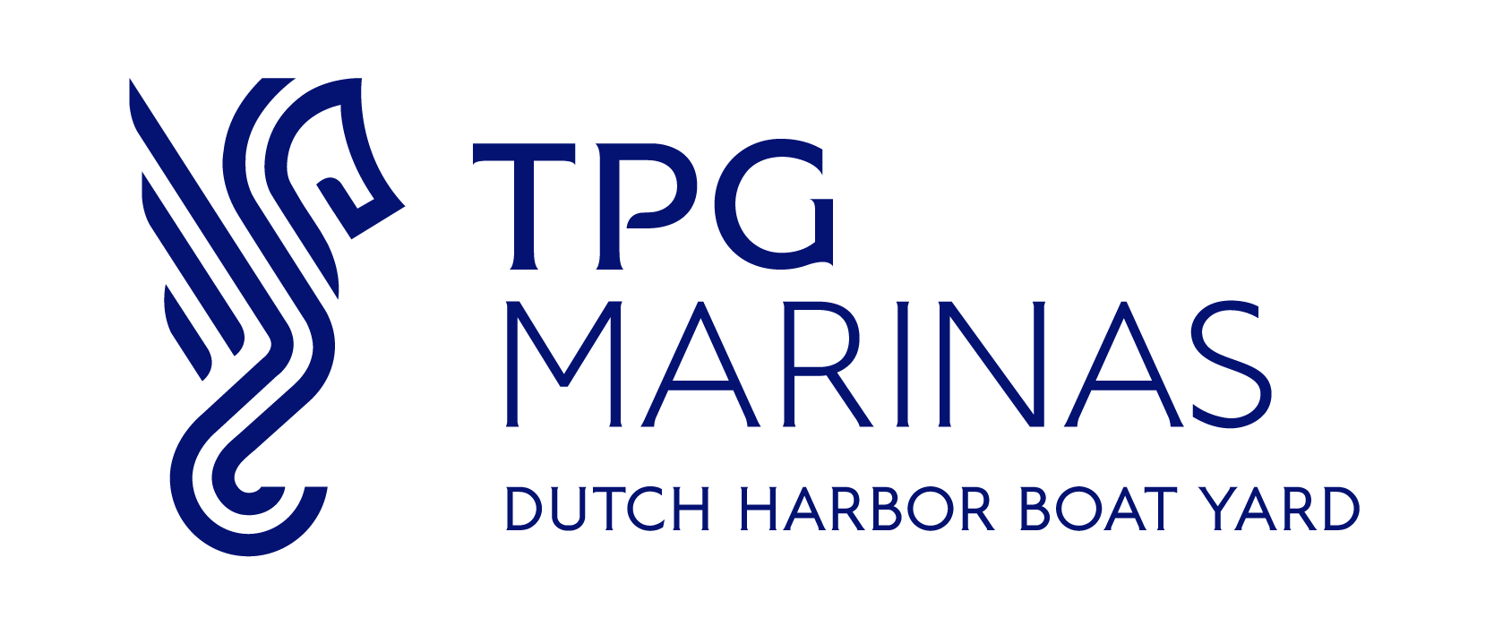 Logo for TPG Marinas Dutch Harbor Boat Yard featuring a stylized blue wave or boat shape with the text 'TPG MARINAS' and 'DUTCH HARBOR BOAT YARD' in blue.