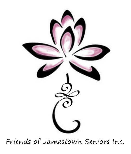 Stylized flower with pink and black petals and a decorative stem, with the text "Friends of Jamestown Seniors Inc." underneath.