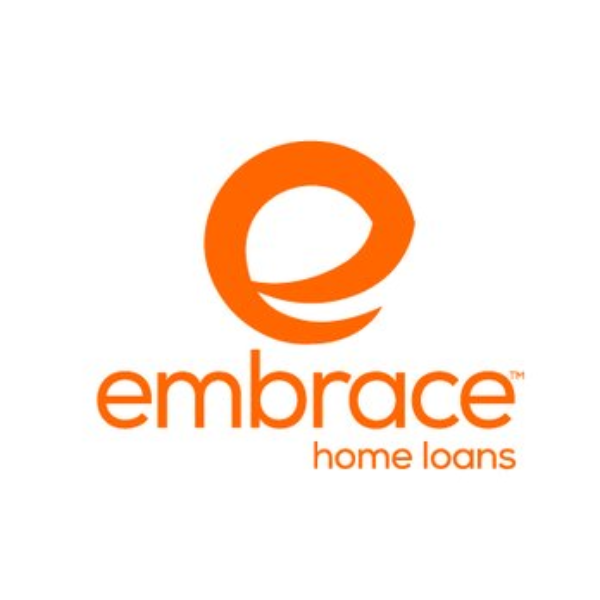 The logo of Embrace Home Loans featuring an orange stylized 'e' and the company name below it, with the words 'home loans'.