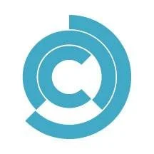 Blue circular logo with abstract geometric design