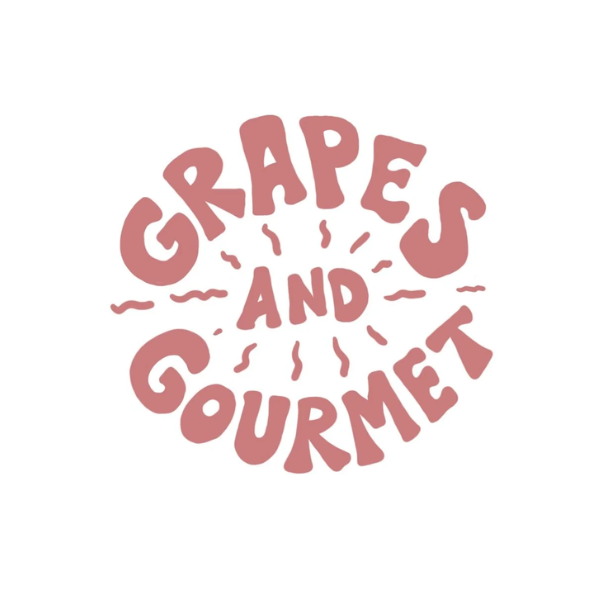 Text graphic that says "Grapes and Gourmet" in stylized pinkish-purple letters with decorative lines around the words.