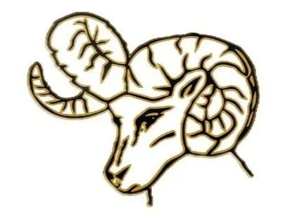 An illustration of a ram's head with large, curved horns.