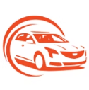 Orange logo of a stylized car with circular lines