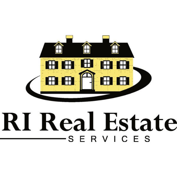 Logo of RI Real Estate Services featuring a yellow house with black shutters and roof, encircled by a black path, with the company name beneath.