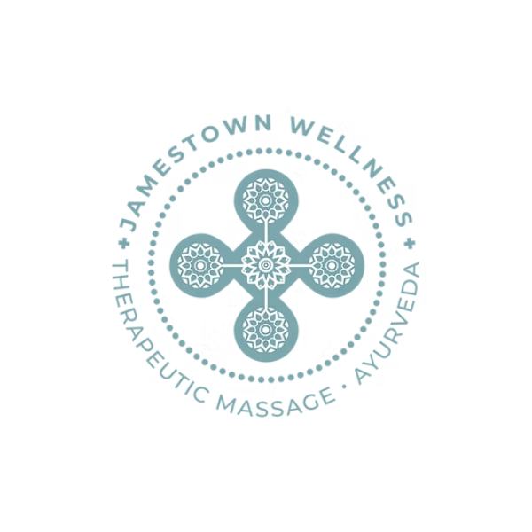 Logo with a central decorative mandala connected to five smaller decorative circles by lines, surrounded by a dotted circle. Text around the circle reads 'Jamestown Wellness, Therapeutic Massage, Ayurveda'.