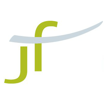 A logo with green lowercase 'j' and 'f' and a gray curved line that crosses behind the letters.