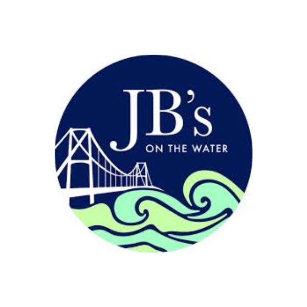 Logo for J.B.'s on the Water featuring a bridge, waves, and dark blue and light green colors.