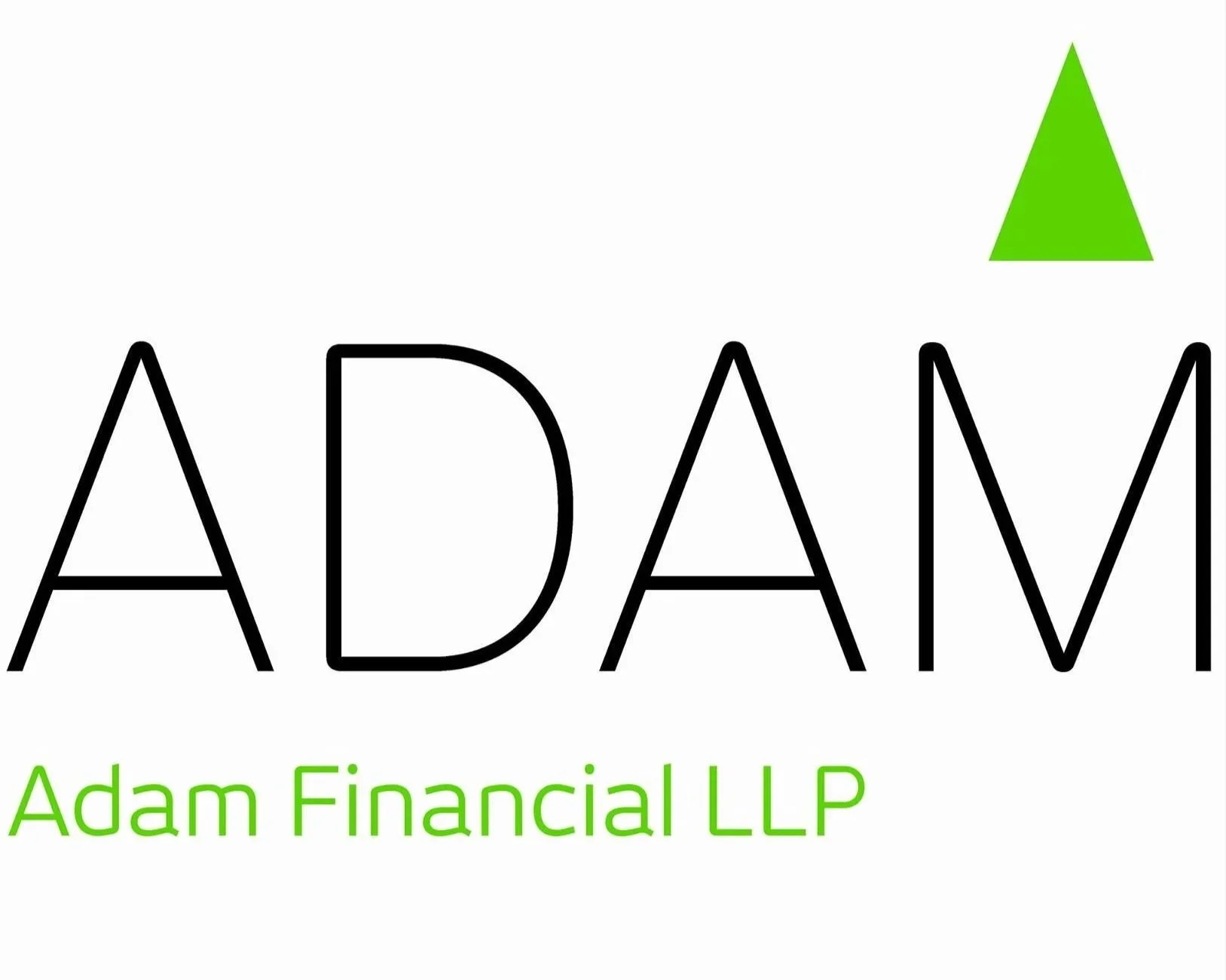 Logo of ADAM Financial LLP with the company's name in black and green text, and a small green triangle in the top right corner.