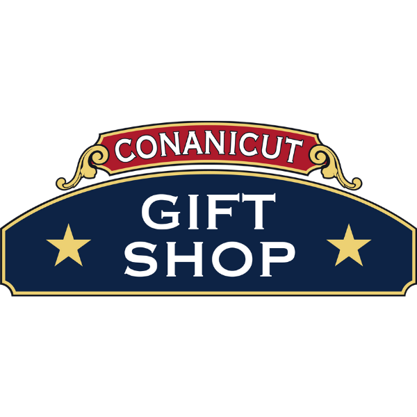 Conanicut Gift Shop sign with red, navy, and gold colors featuring stars.