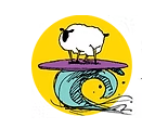 Illustration of a sheep standing on a purple surfboard on top of a yellow surfboard with a blue wave underneath