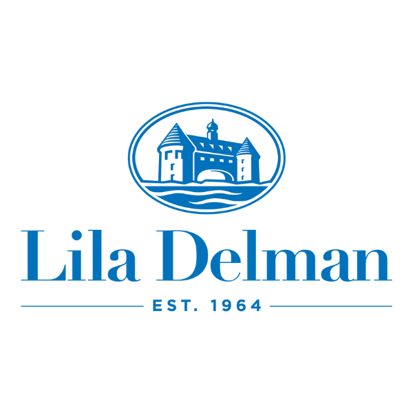 Logo with a blue line drawing of a castle or historic building with water below, above the text 'Lila Delman', and the words 'EST. 1964'.