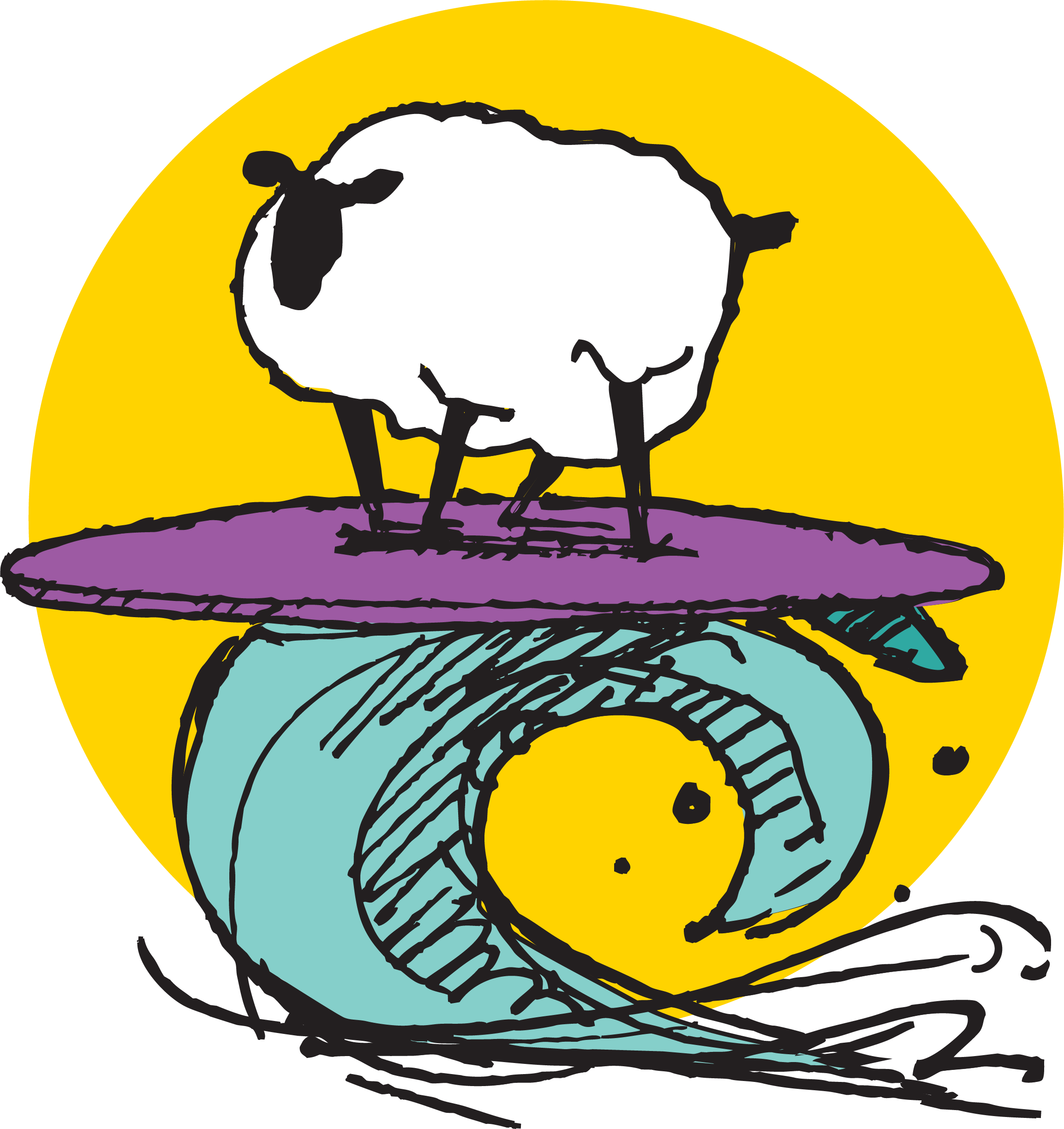 Illustration of a sheep standing on a purple surfboard on top of a yellow surfboard with a blue wave underneath