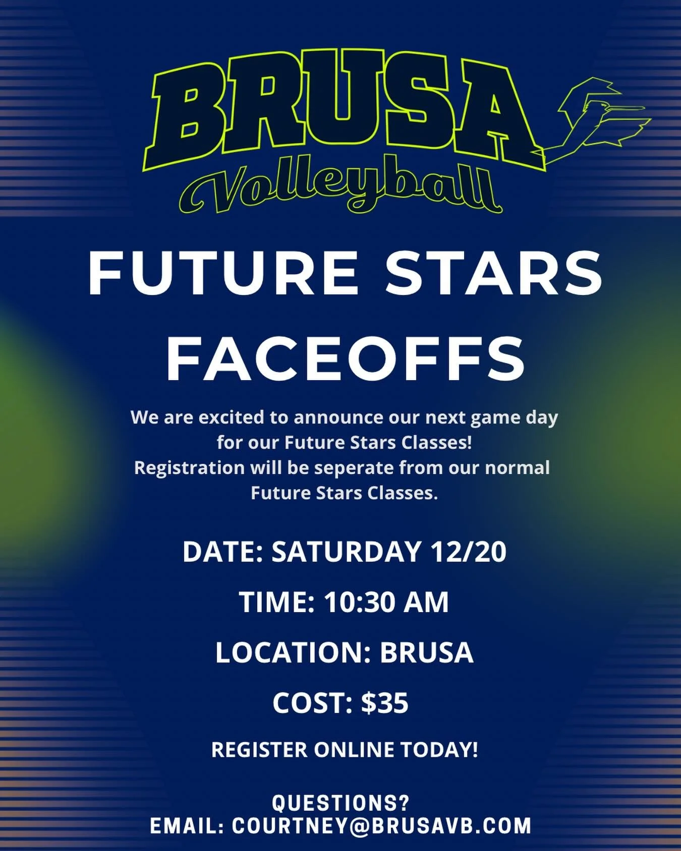 ✨ Future Star Faceoffs ✨

We&rsquo;re excited to host another Future Stars Faceoff as our Future Star athletes build confidence, skills, and teamwork!
Be sure to complete your online registration in advance.

🗓️ Saturday 12/20
⏰ 10:30am
📍BRUSA Voll