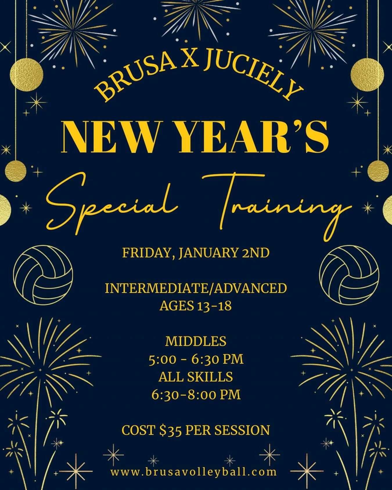✨ BRUSA X Juciely ✨

Join us for a New Year&rsquo;s Special Training with Special Guest Coaches Juciely Cristina Da Silva and her Husband Bruno Rocha!

This is a training you won&rsquo;t want to miss! 
With an amazing career and background in volleyb