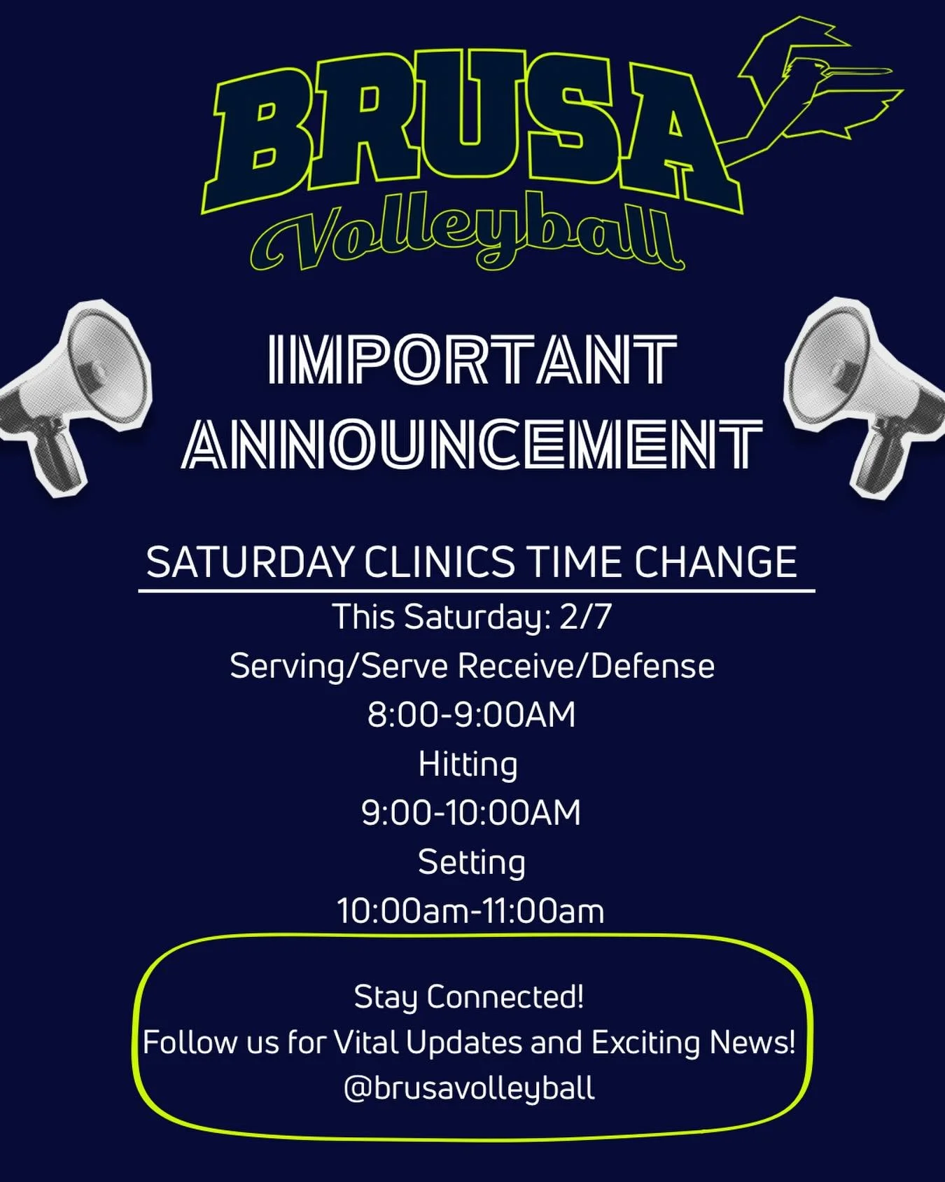 📣 TIME CHANGE 📣

Our Saturday Clinics have a time change for this Saturday 2/7 Classes!

Be sure to register online 💪