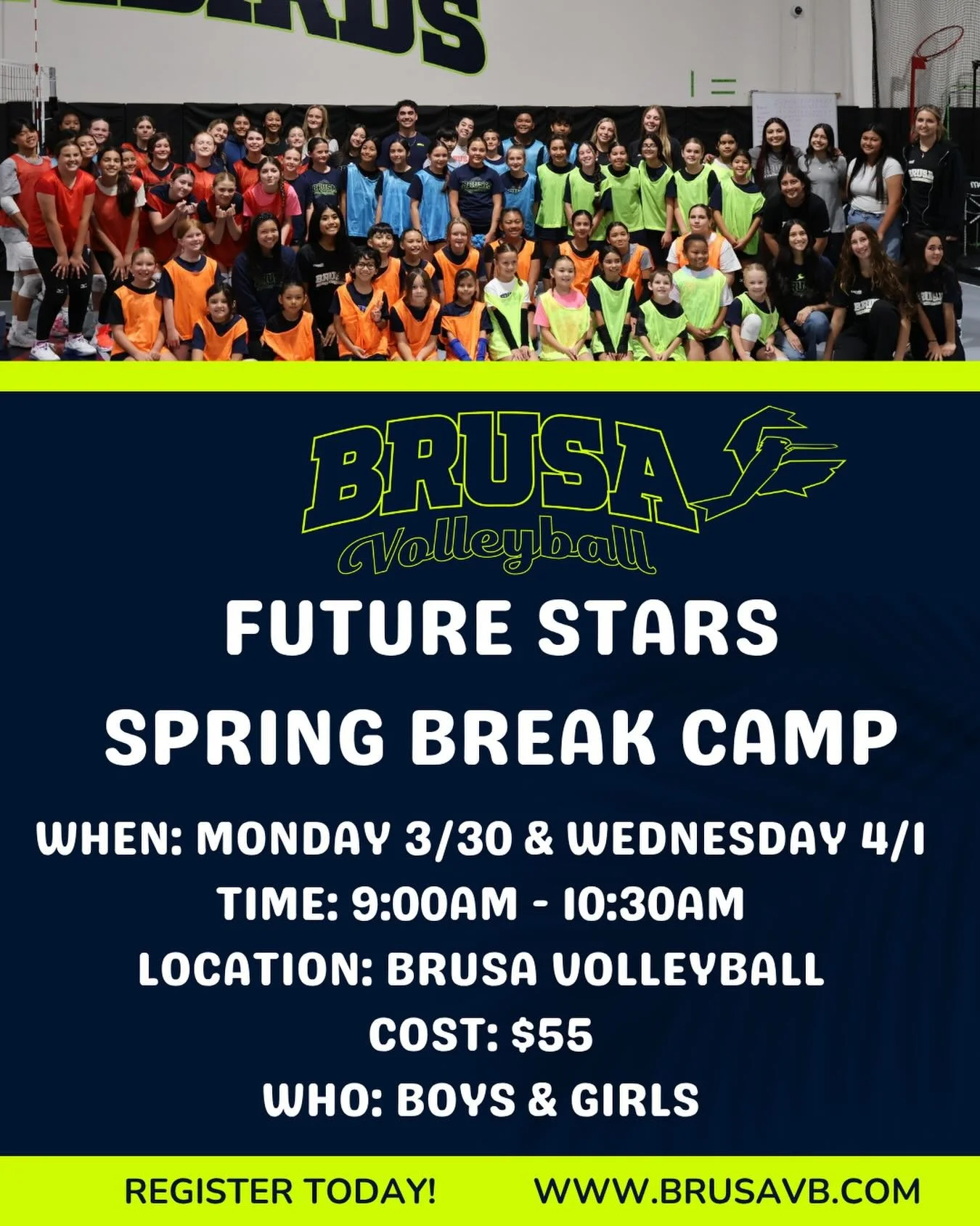 🌸 FUTURE STARS SPRING BREAK CAMP 🌸

Join Brusa Future Stars for a 2-day camp packed with energy, skill-building, and tons of fun! Perfect for young athletes looking to learn the game, build confidence, and enjoy every moment on the court!

REGISTRA