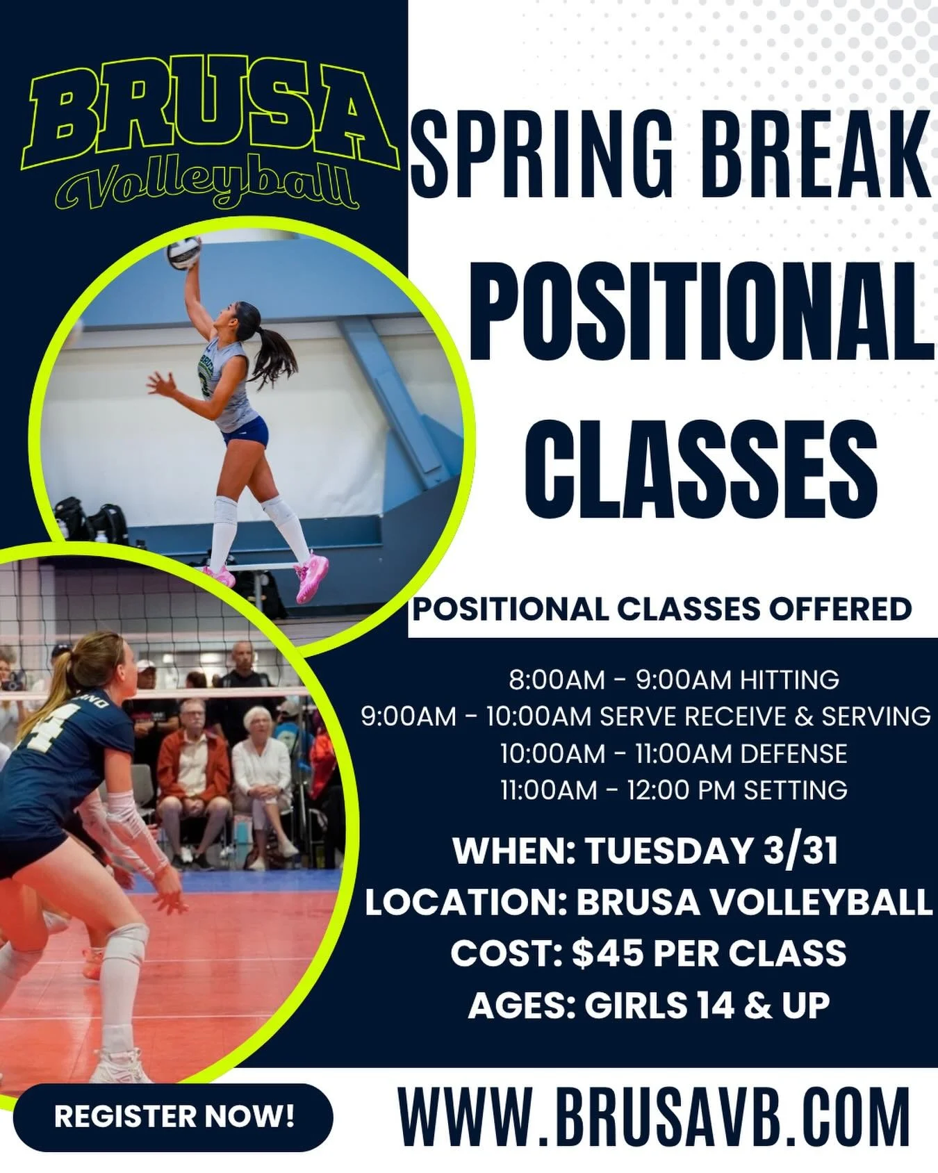 🌸 SPRING BREAK POSITIONAL CLASSES 🌸

Each session will focus on the skills that matter most! Whether it&rsquo;s hitting, setting, passing, or defense, through high-rep drills and game-like situations led by our experienced coaches. 
It&rsquo;s the 