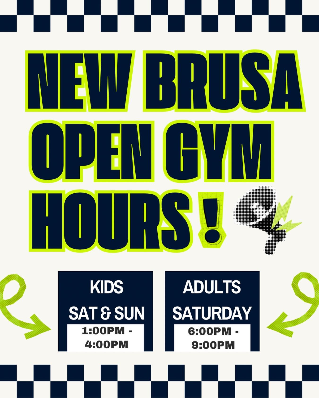 📣 NEW OPEN GYM HOURS 📣

The response has been incredible lately and we&rsquo;ve heard you loud and clear. 
Because of all the interest, we&rsquo;re excited to announce NEW Open Gym hours to give everyone more opportunities to get in the gym, get be