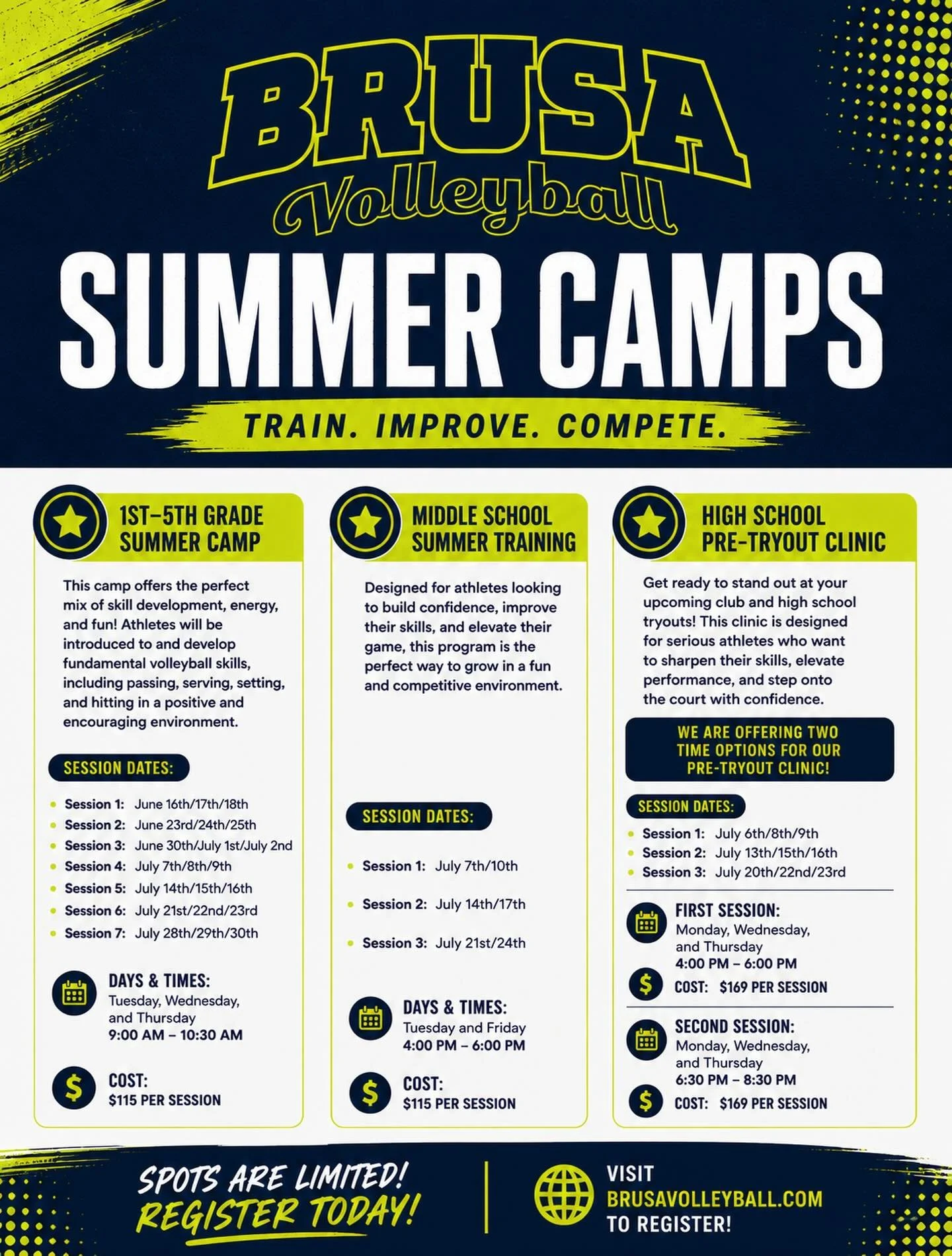 ☀️ SUMMER STARTS HERE ☀️

Brusa Summer Camps are back and better than ever!!Whether you&rsquo;re just learning the game or getting ready for tryouts, we&rsquo;ve got the perfect training environment for you.

🔥 Build skills
🔥 Gain confidence
🔥 Com