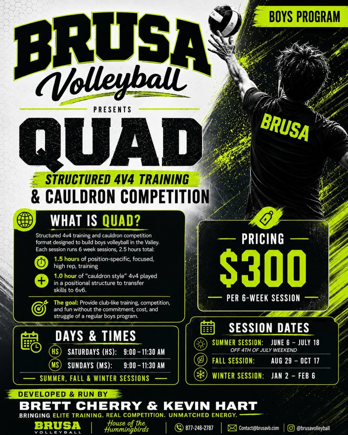 ⚡️BOYS VOLLEYBALL IN THE VALLEY JUST CHANGED⚡️

Introducing&hellip;.BRUSA QUAD!

A fast-paced, high-rep training environment built for athletes who want to compete, develop, and level up without the full club commitment. This isn&rsquo;t a camp, it&r
