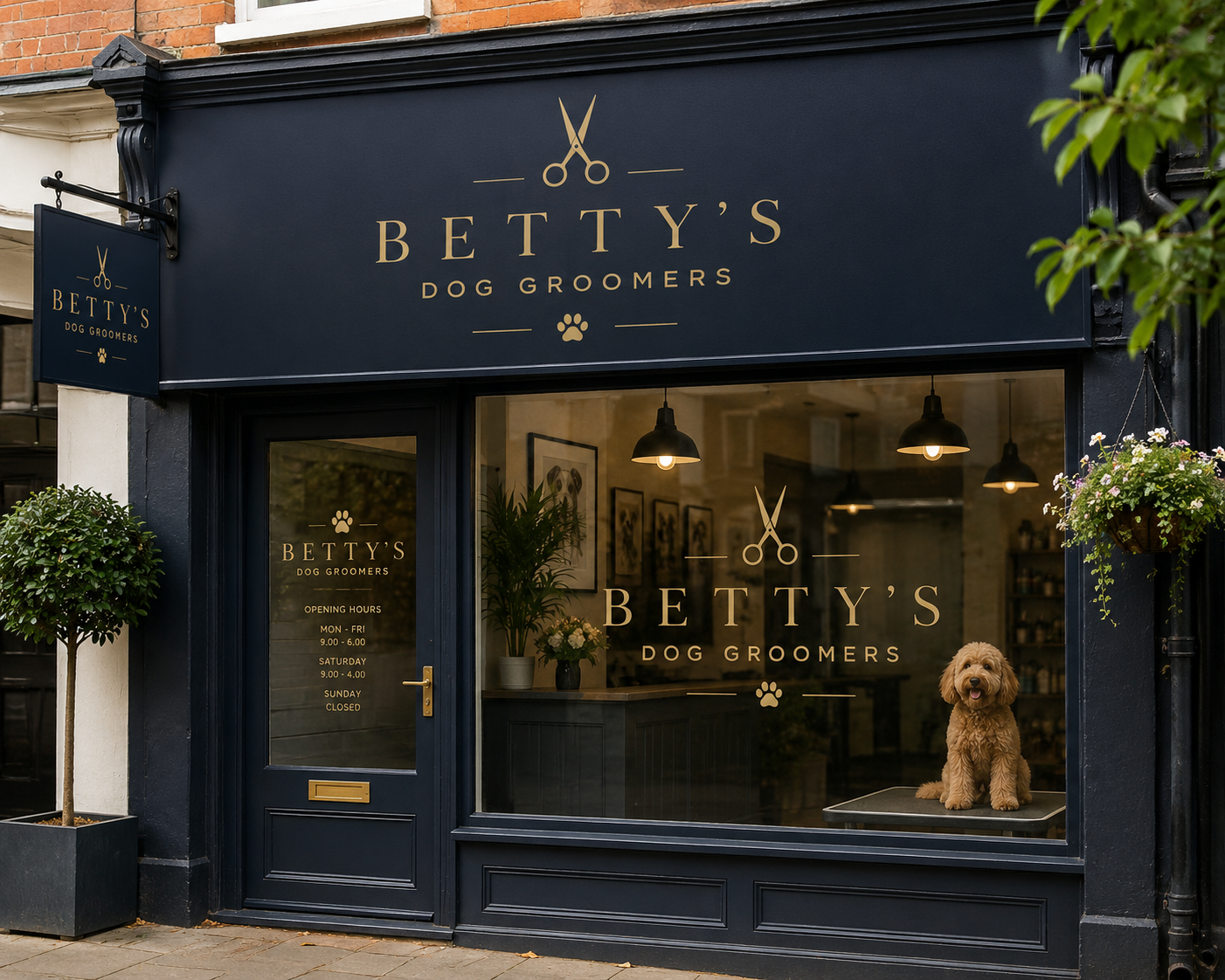  storefront for Betty's Dog Groomers with large window displaying a small fluffy golden retriever puppy sitting on a grooming table inside, with signage indicating business hours and logo featuring scissors and a paw print, outside potted plants, han