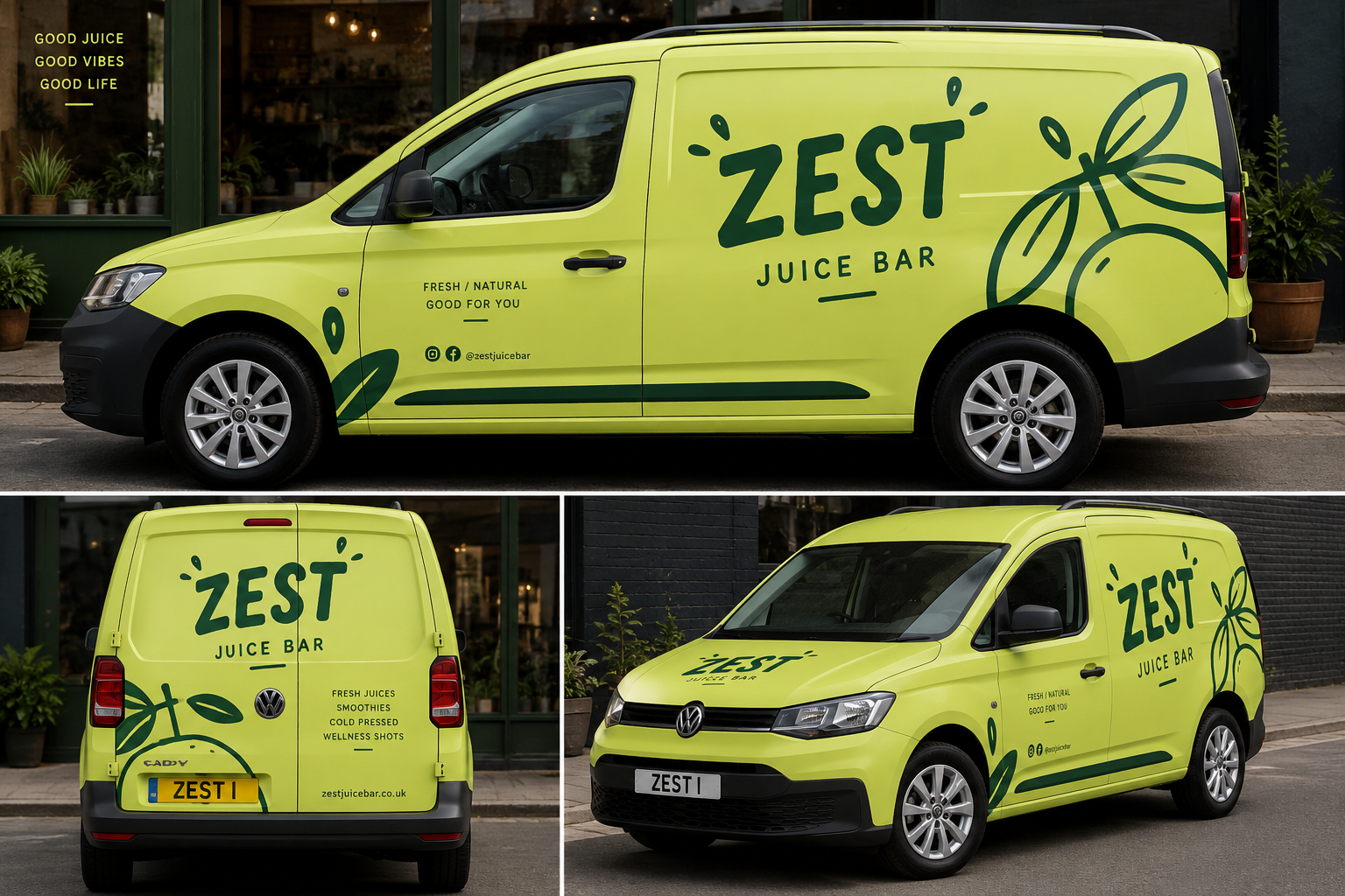 A lime green delivery van for ZEST Juice Bar displaying the business logo and branding. The van features stylized leaf graphics, the company name, and information about fresh, natural juices, smoothies, and wellness shots. The vehicle is shown from t