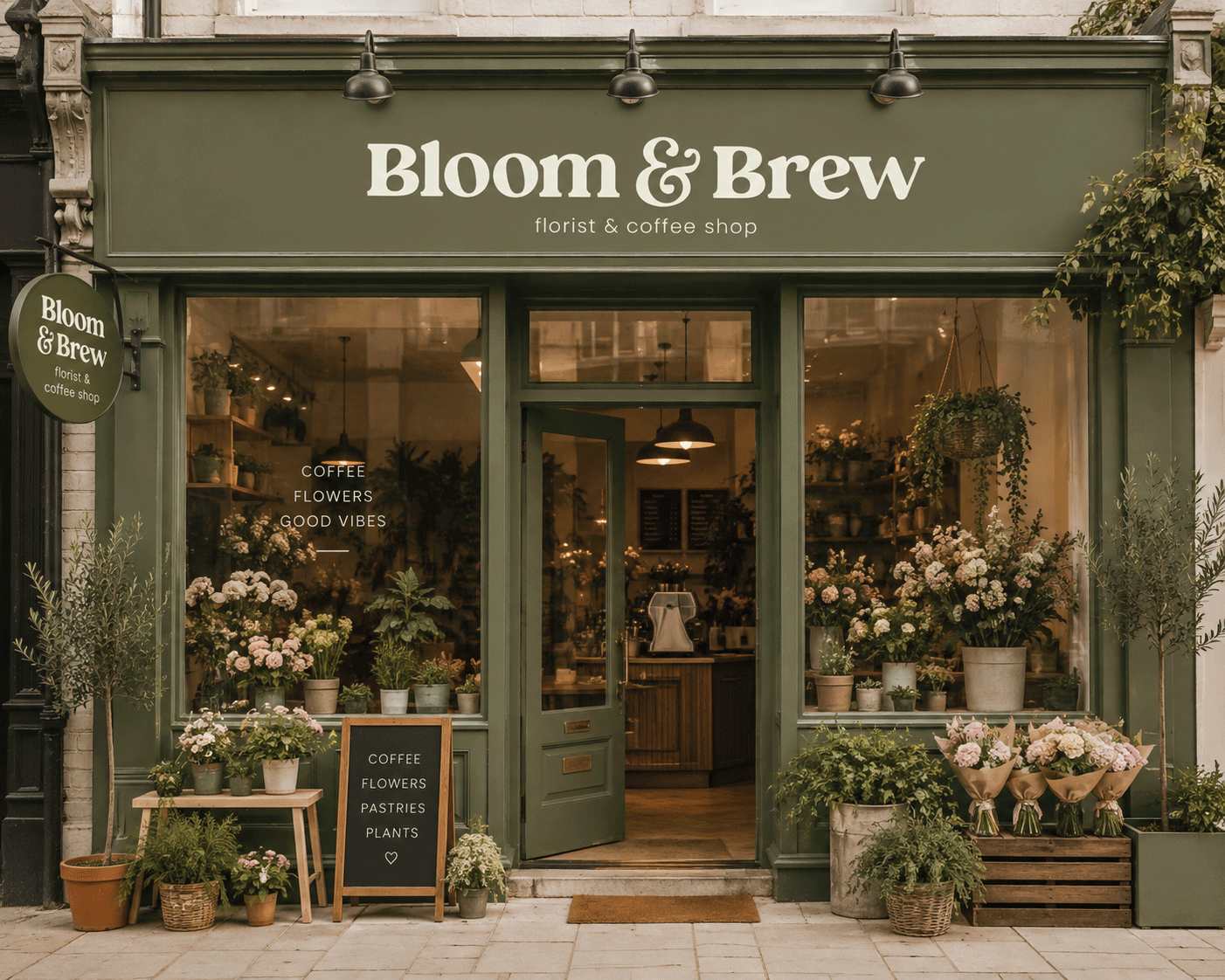 Front view of a green storefront with a sign reading 'Bloom & Brew florist & coffee shop.' The shop has large windows displaying potted flowers and plants inside. Outside, there are potted plants and flowers, a small blackboard sign listing 'coffee, 