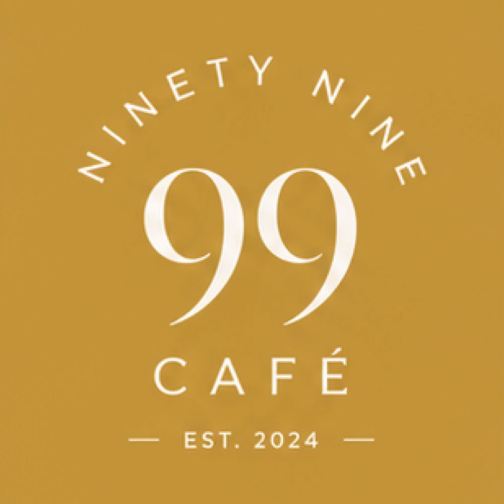 Logo for Ninety Nine Café with the name and establishment year 2024 on a gold background.