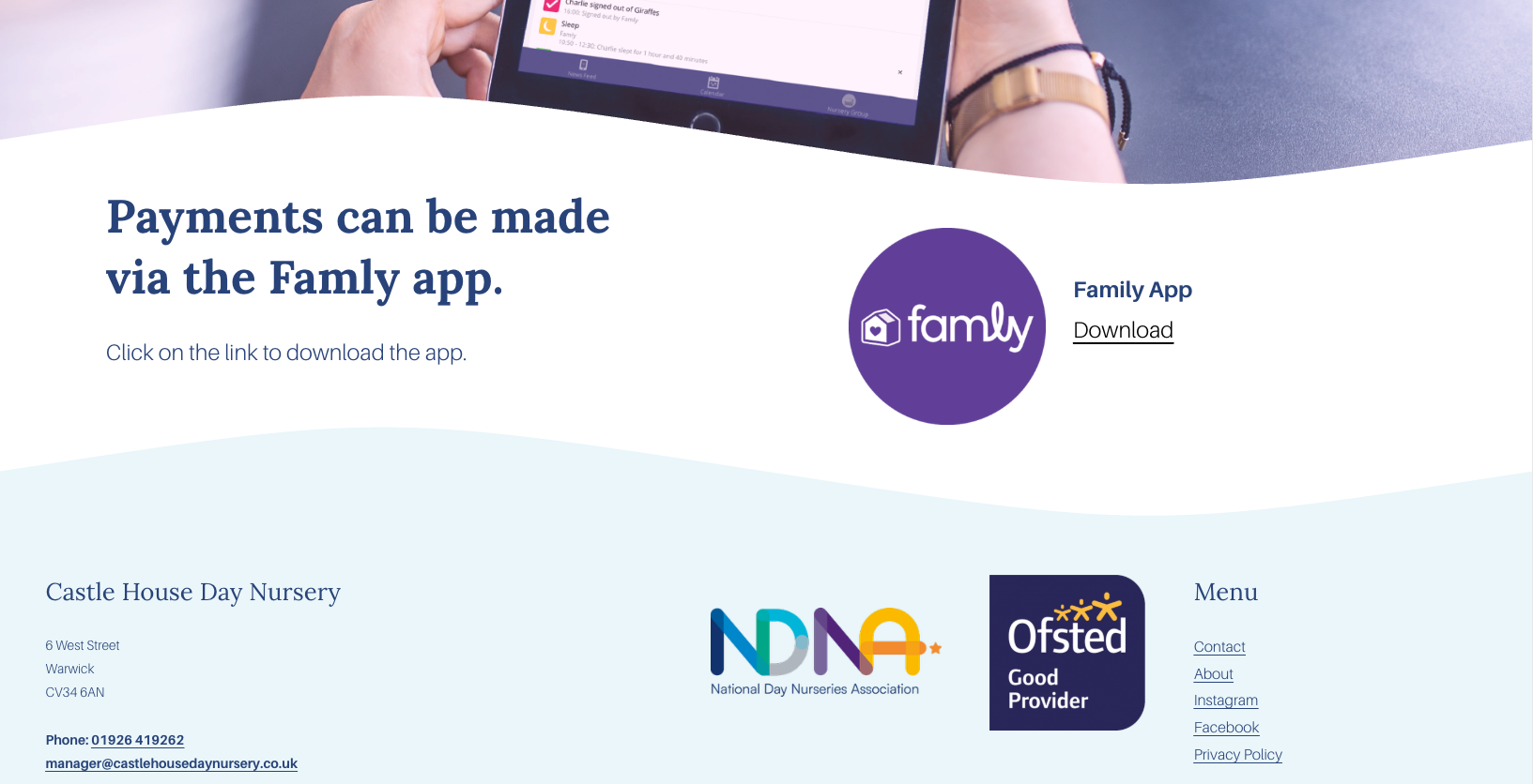 Website page promoting the Famly app for making payments, with download link, nursery contact info, and social media links.
