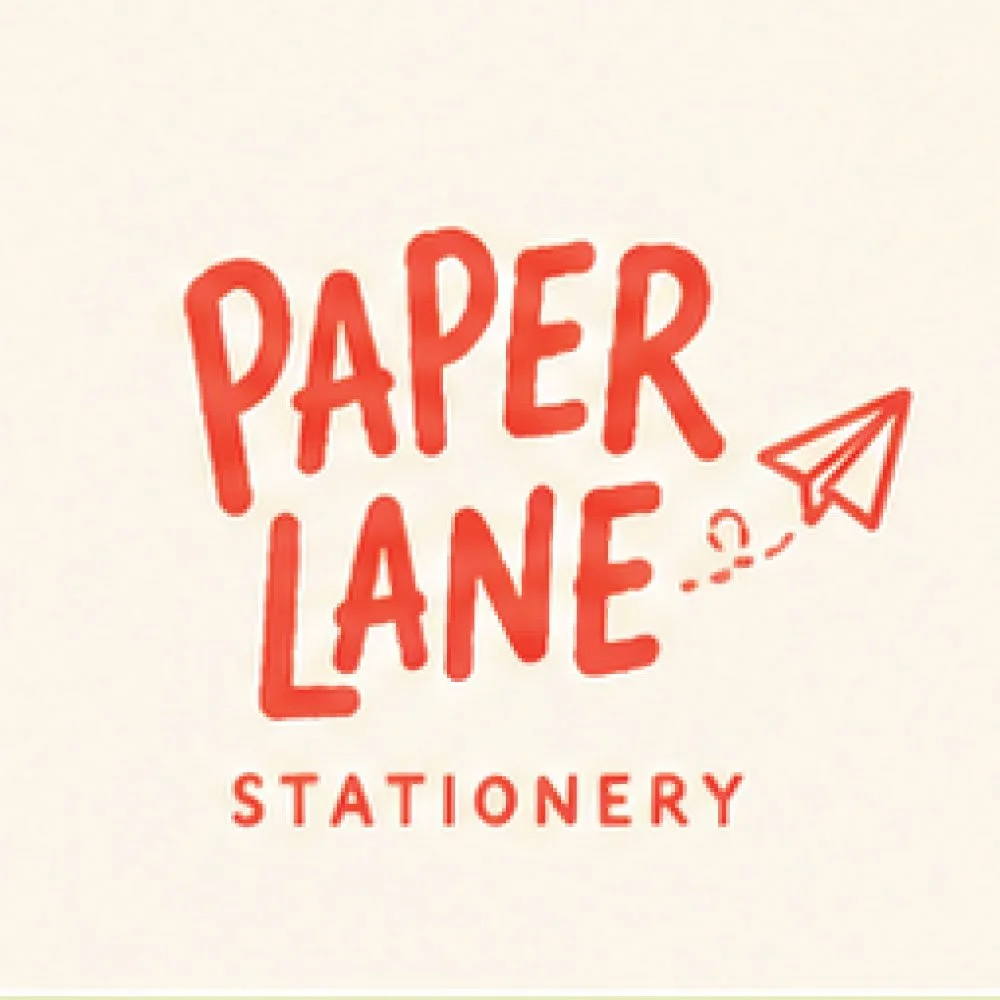 Logo for Paper Lane Stationery with red handwritten text and a paper airplane illustration.