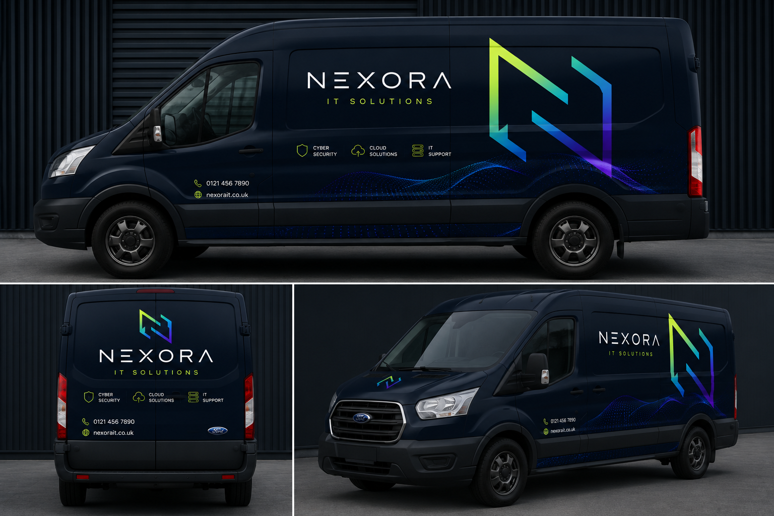 Black commercial van with NXORA IT Solutions branding, showing the side, rear, and front views. The side view displays the NXORA logo, company name, and service icons for cybersecurity, cloud solutions, and IT support. The rear and front views show t
