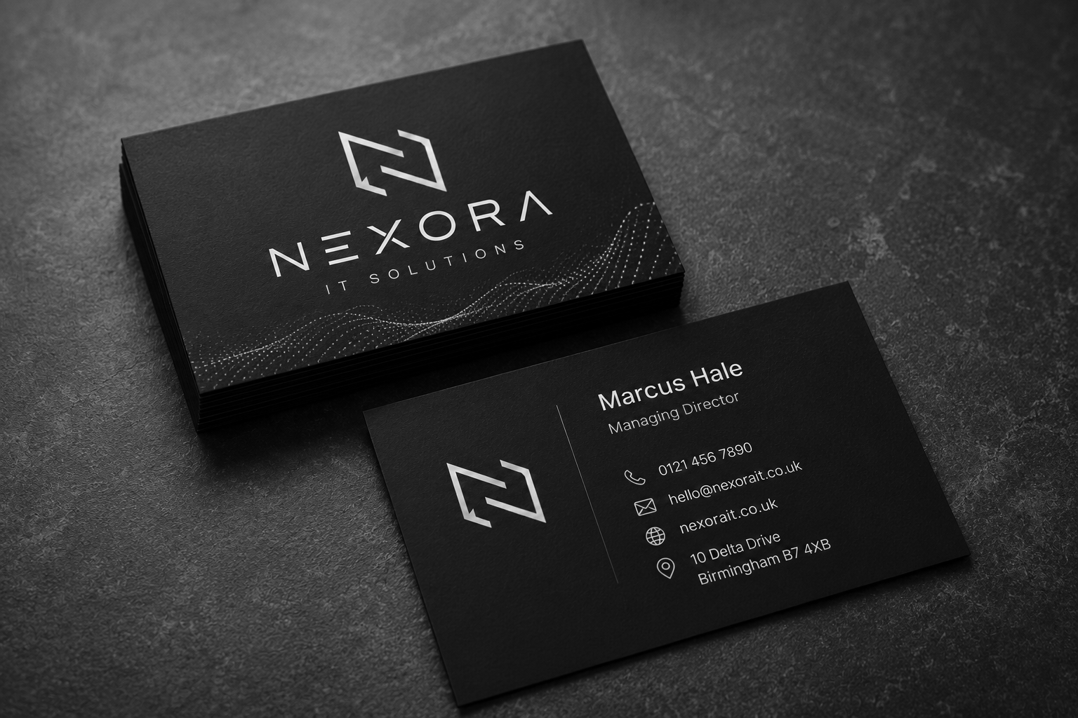 Business card for Nexus IT Solutions with a black background, electronic wave design, and white text including contact information for Marcus Hale, Managing Director.