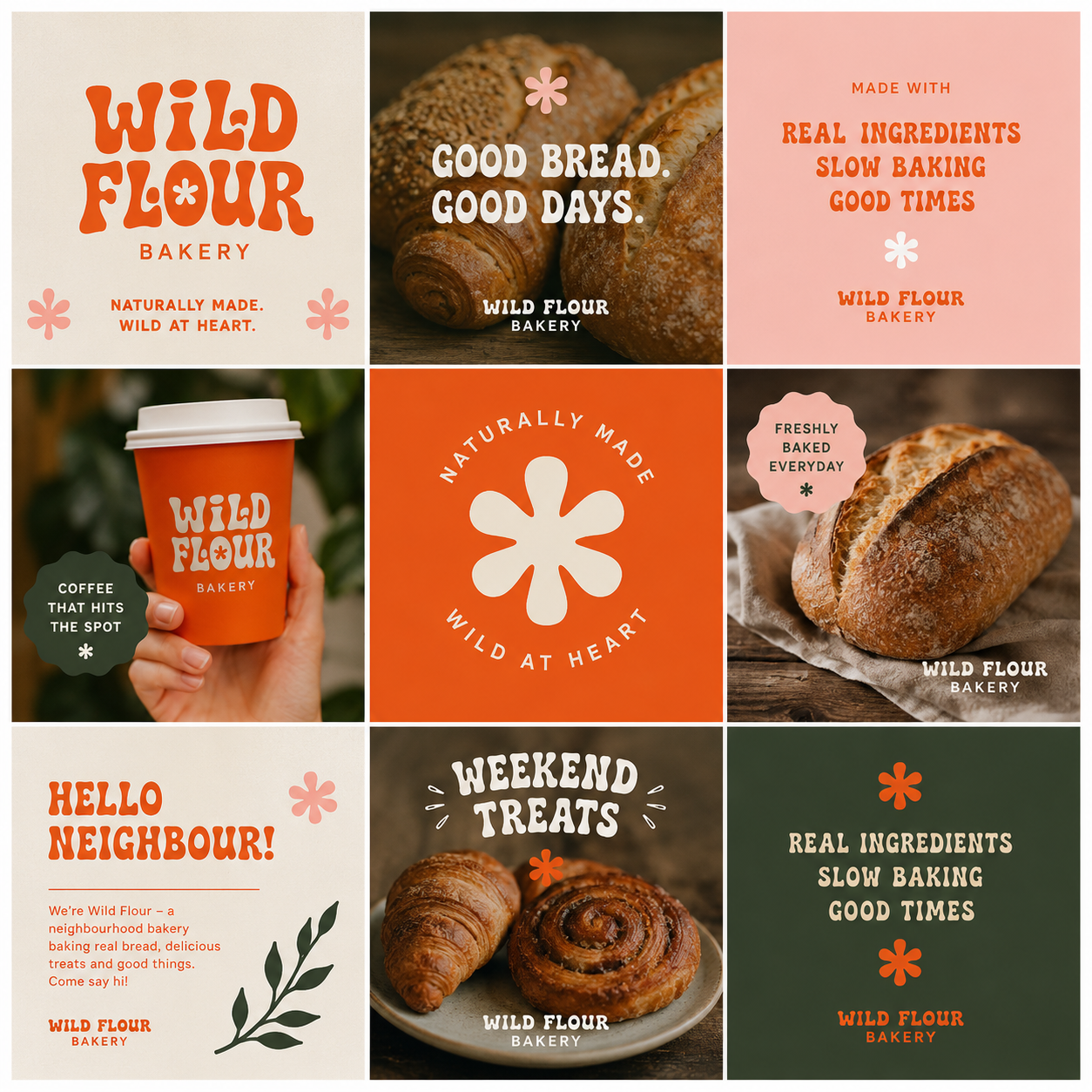 Collage of nine images promoting Wild Flour Bakery with bread, pastries, a coffee cup, and branding elements highlighting natural ingredients, slow baking, and good times.