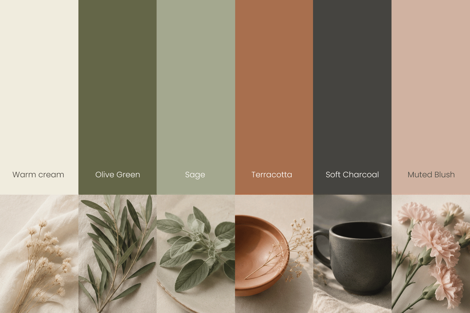 A color palette with six shades: warm cream, olive green, sage, terracotta, soft charcoal, and muted blush, accompanied by images of flowers and a ceramic cup and saucer.