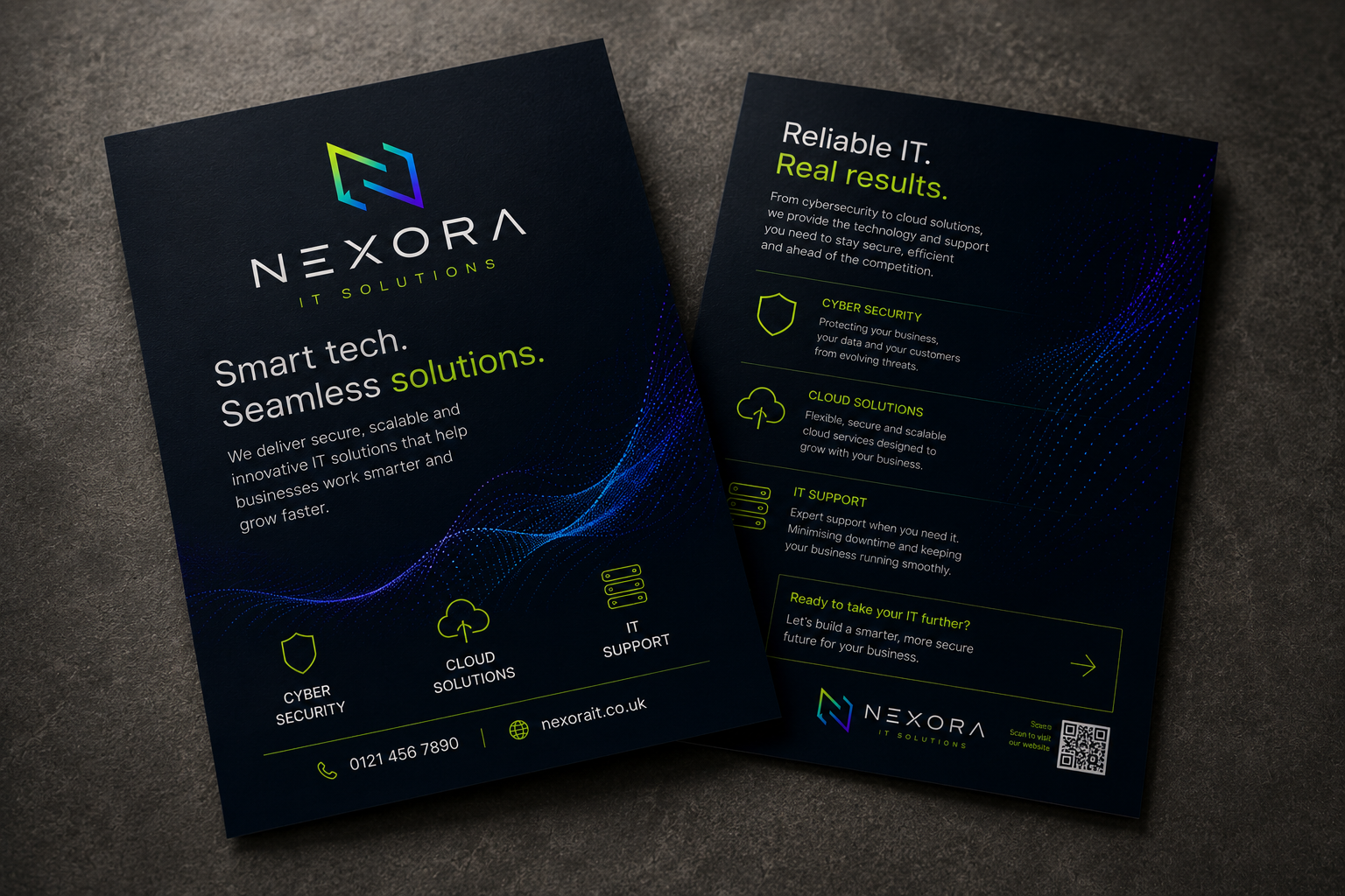 Flyers for Nexora IT Solutions showcasing services like cybersecurity, cloud solutions, and IT support with contact information and a QR code.