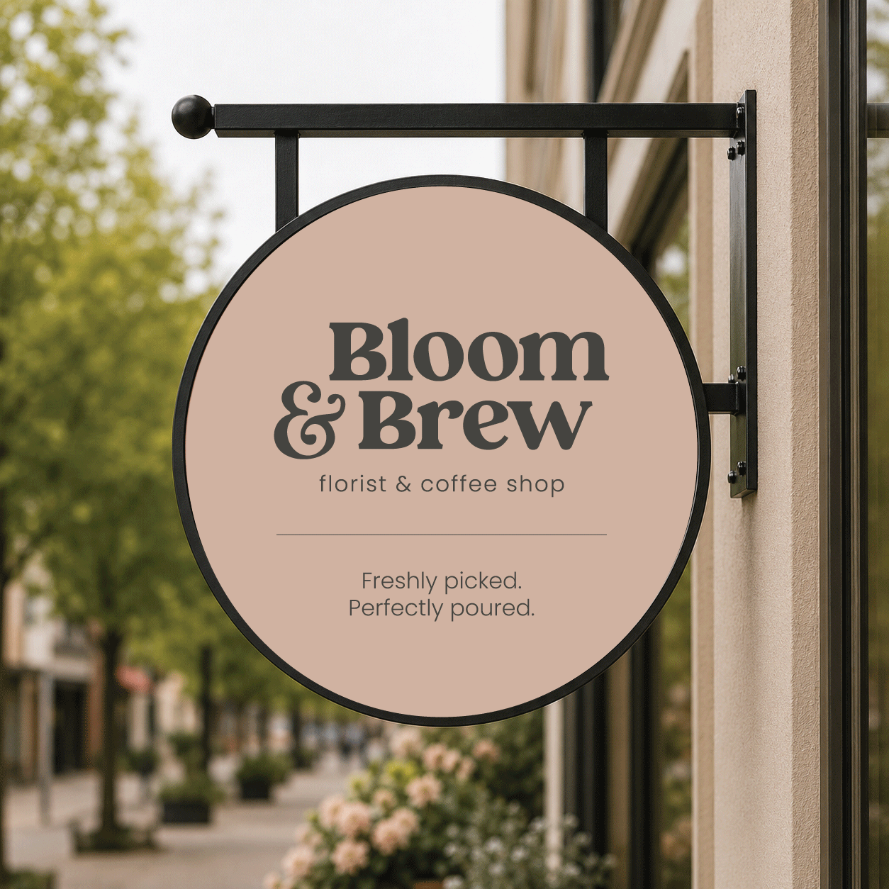 Round sign for Bloom & Brew florist and coffee shop, with the tagline 'Freshly picked. Perfectly poured.' outside a storefront with trees and flowers in the background.