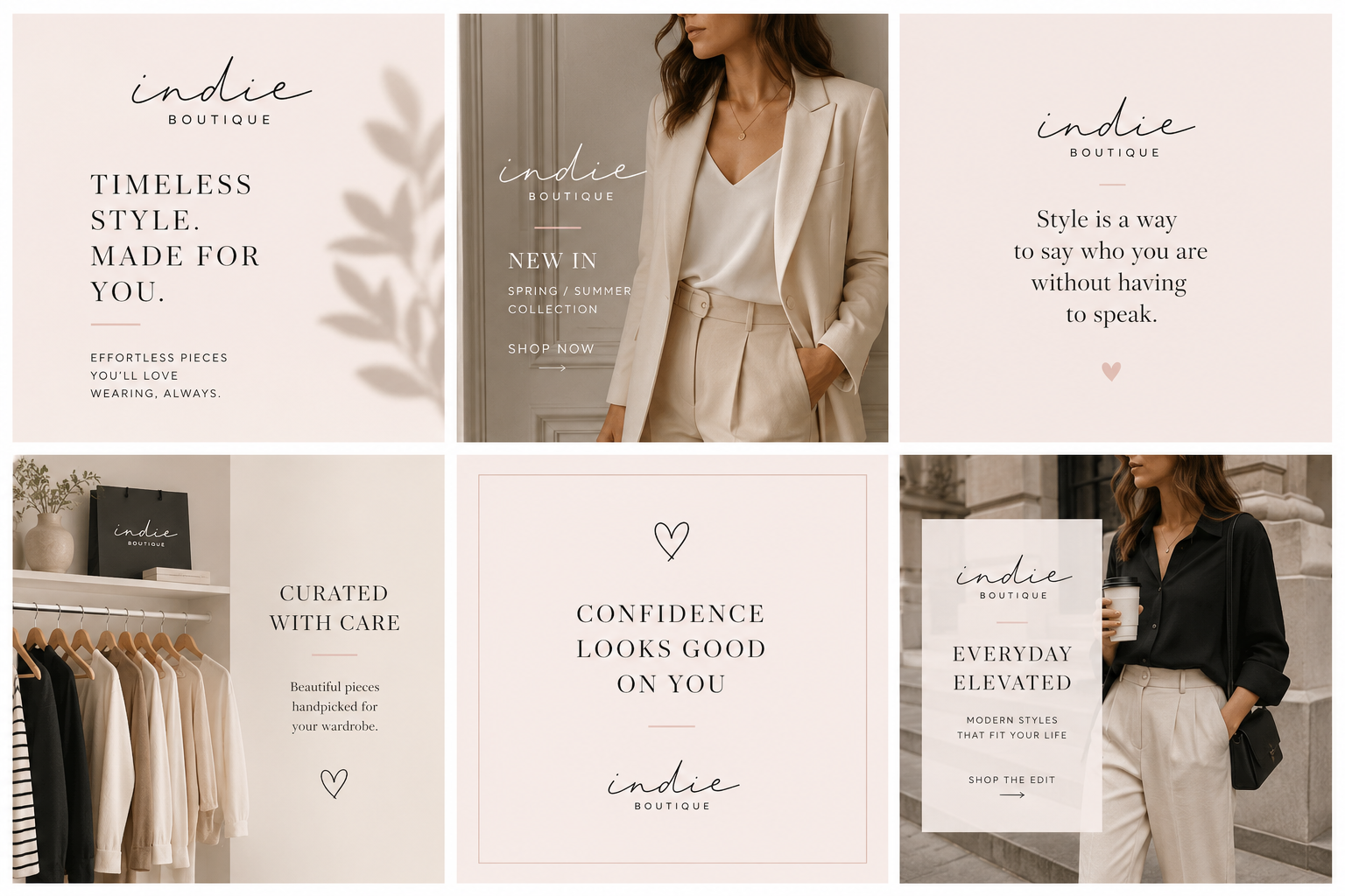 A collage of six images promoting Indie Boutique. The images feature minimalist text and fashion photos, displaying neutral and black clothing, a woman in beige and white professional attire, and a woman outside in black and beige attire holding a co